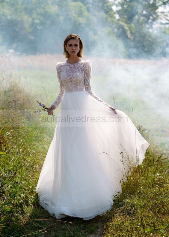 Long Sleeves Beaded White Lace Tulle Vintage Wedding Dress